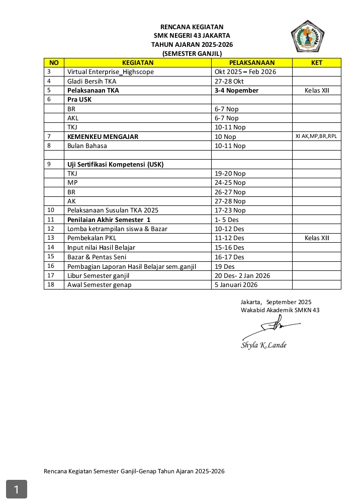 RENCANA KEGIATAN SMKN 43 JAKARTA  2025
